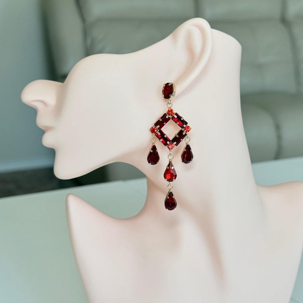Gold-Tone Red Gemstone Chandelier Earrings - Elegant Drop Designs